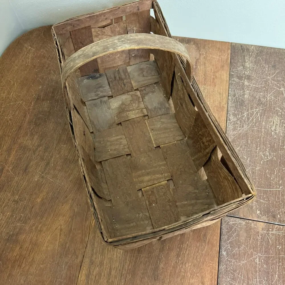 Vintage Primitive Woven Splint Wood Harvest Basket with Fixed Handle Brown